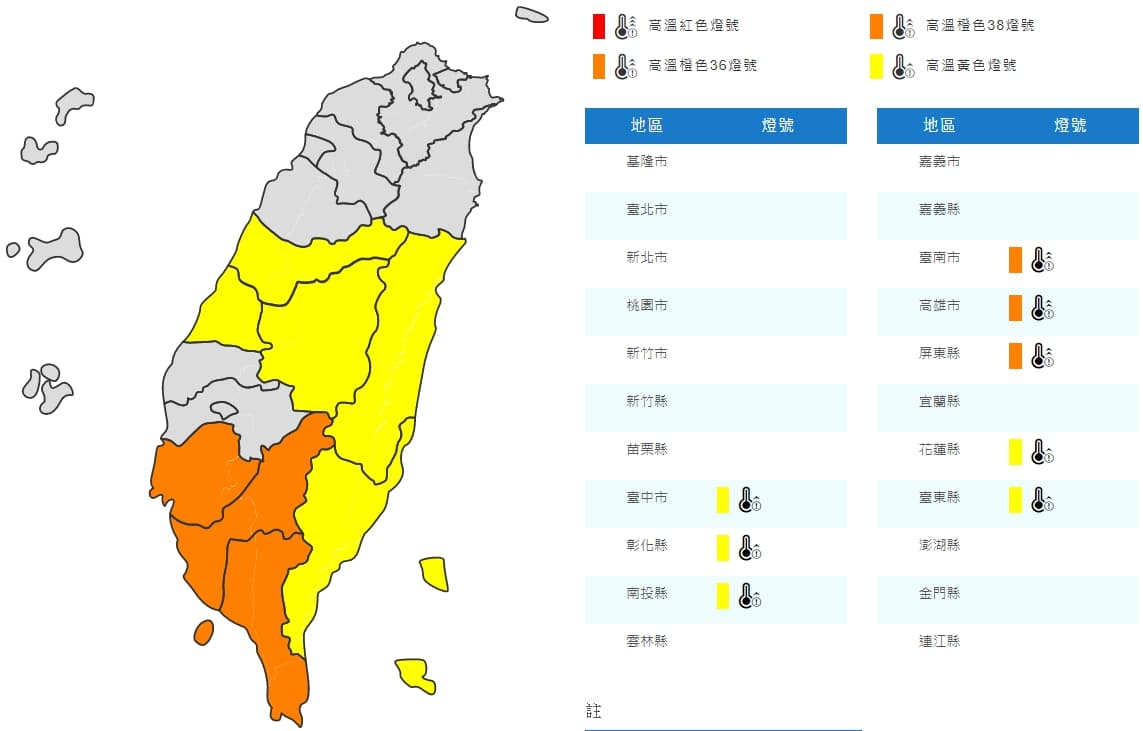 中央氣象局一早針對8縣市發布高溫警報。(翻攝自中央氣象局官網)