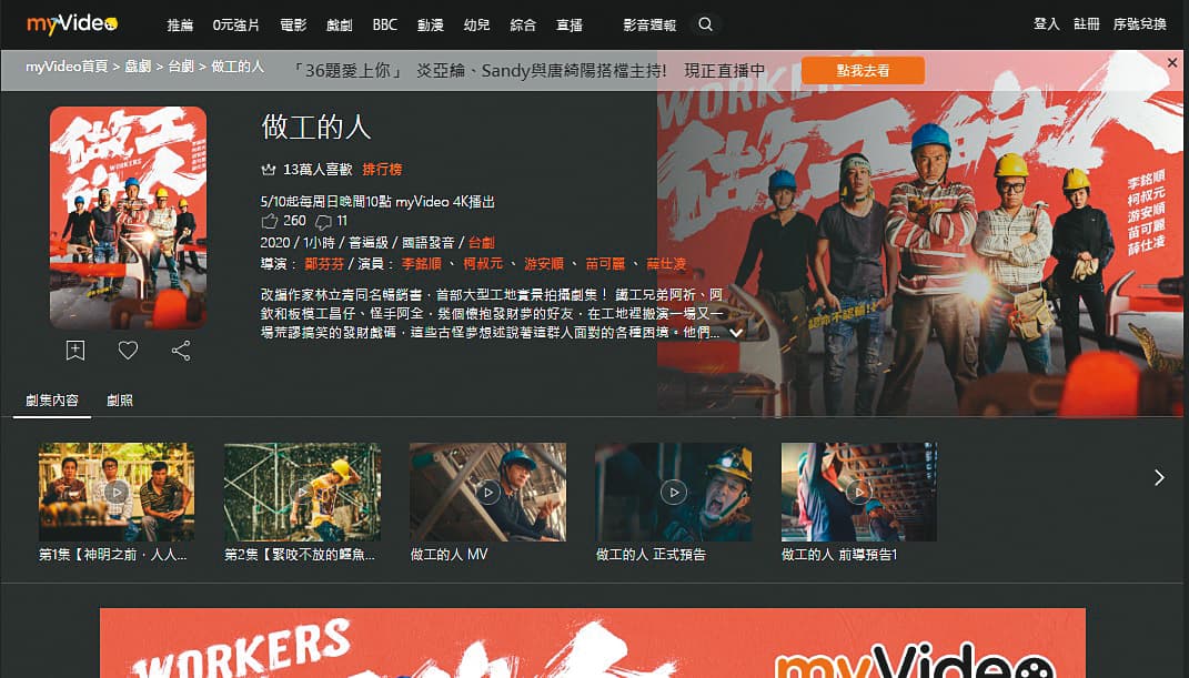 《做工的人》首播為HBO頻道創下破1%收視率，myVideo線上平台也有13萬人表示喜歡。（翻攝自myVideo官網）