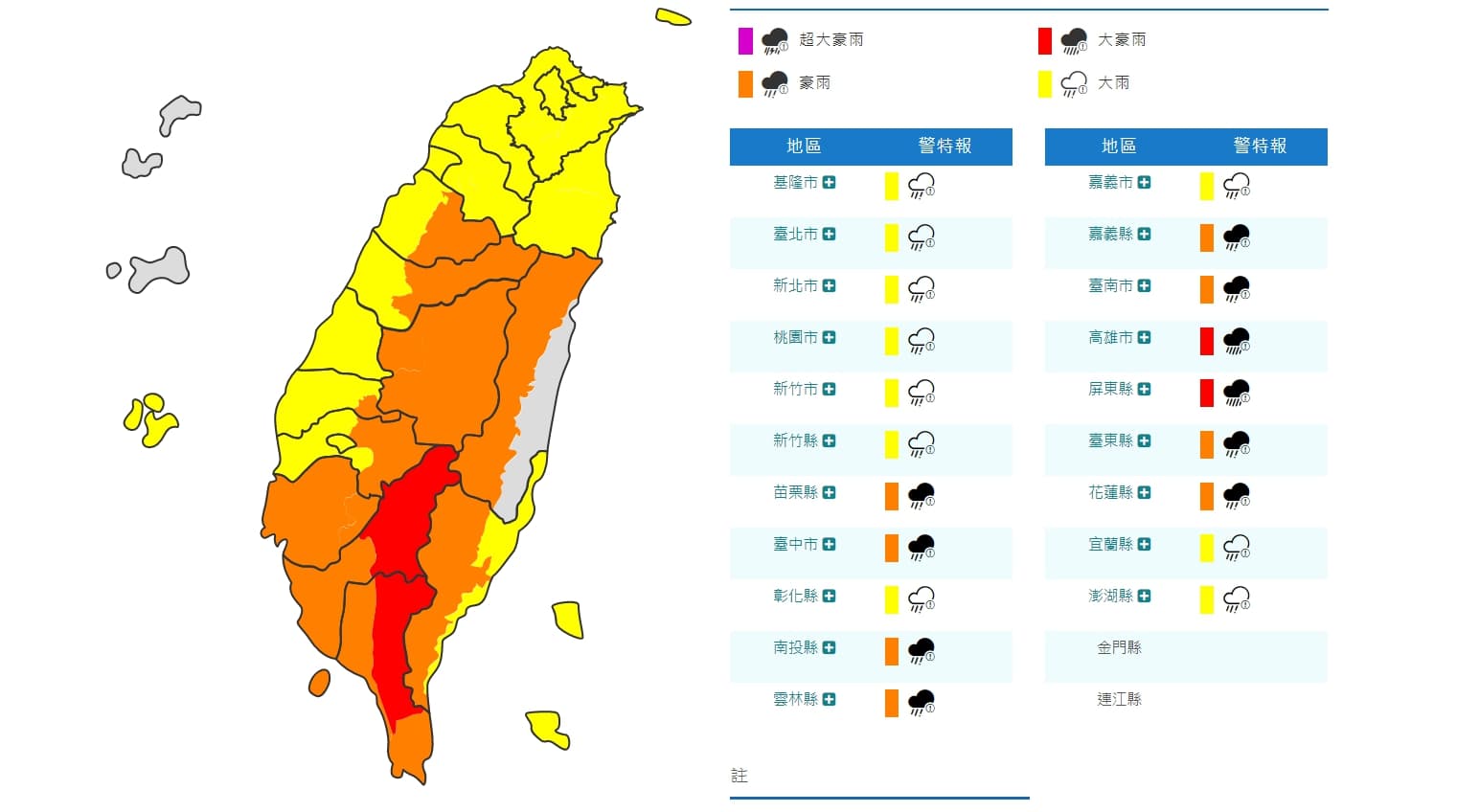 氣象局對全台20個縣市發布豪雨特報,高屏山區有局部大豪雨。(翻攝自氣象局網站)