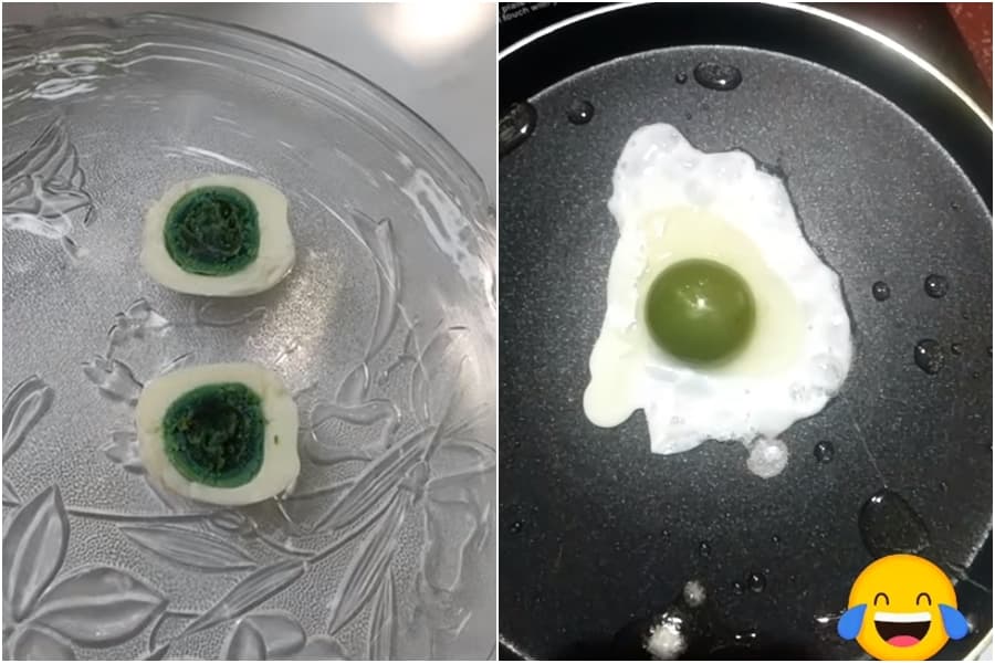 雞農試吃「綠色蛋黃」的雞蛋,覺得口感和一般雞蛋無異。(翻攝自Shihabudheen Ak臉書)