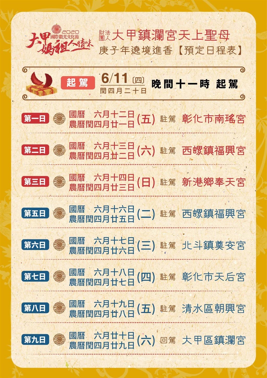 大甲鎮瀾宮媽祖遶境進香預定日程表。(翻攝自大甲鎮瀾宮【我愛大甲媽】臉書)