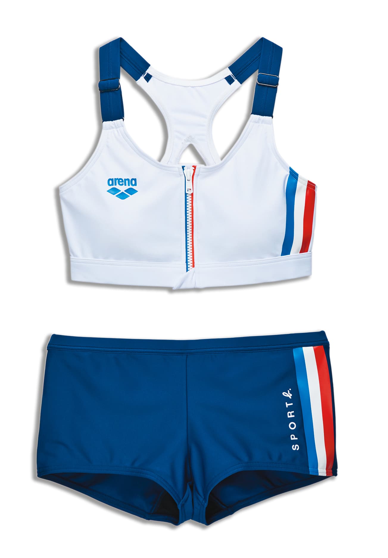 女裝Bra Top白藍運動型泳裝。NT$3,280。(agnès b. Taiwan提供)