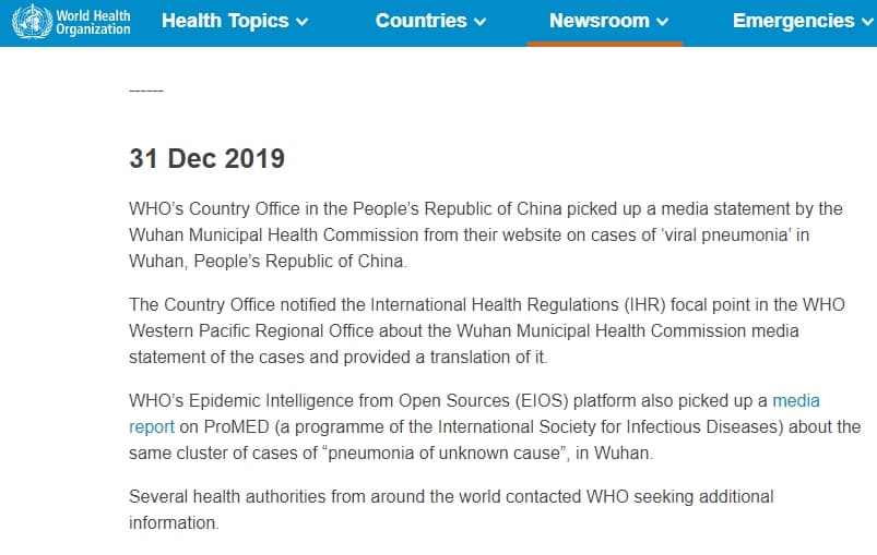 世界衛生組織更新的時間軸,曝光最早的通報是來自世衛駐中國代表處。(WHO官網)