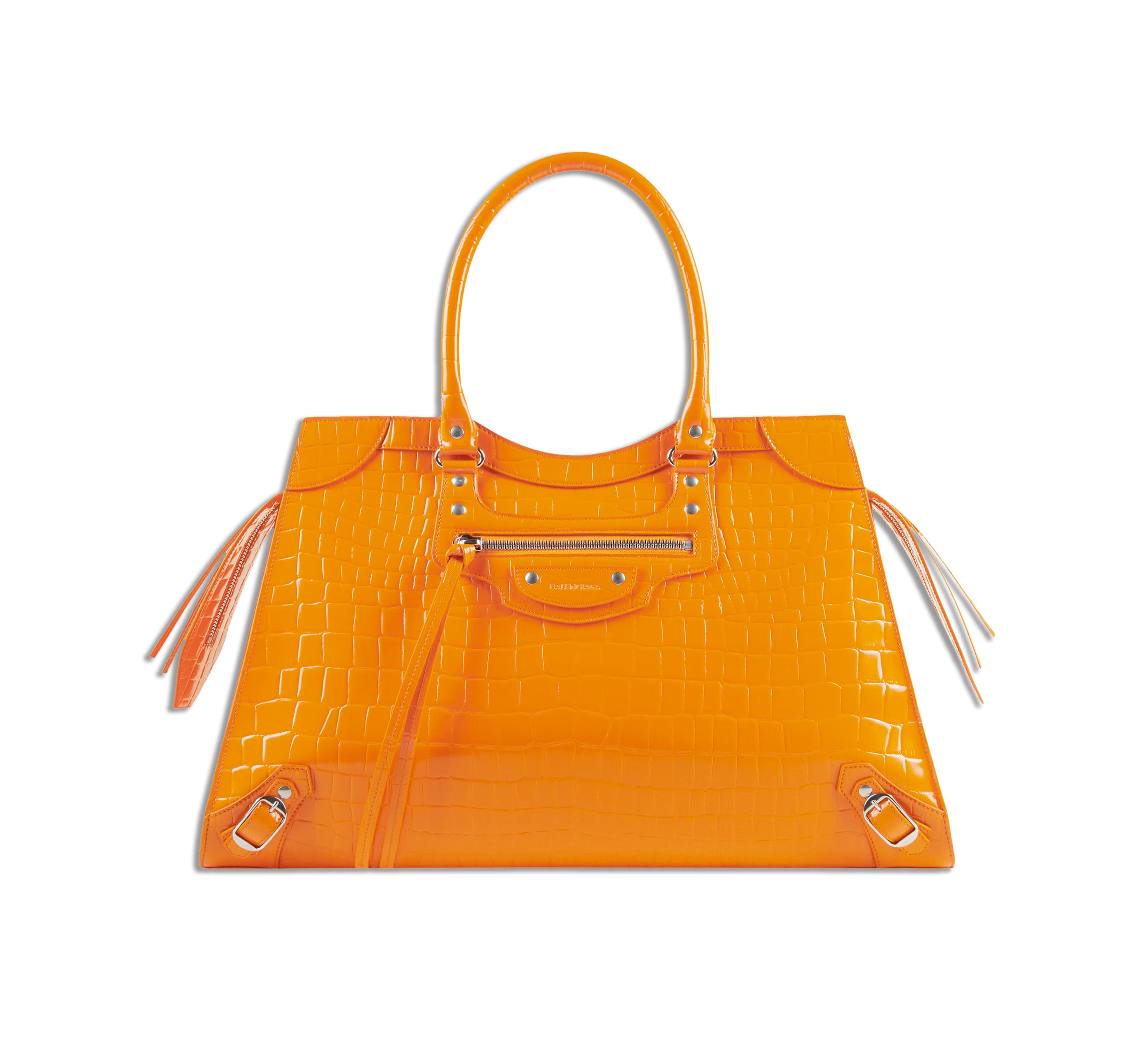 橘色小牛皮壓紋新款機車包。NT$78,850(Balenciaga提供)