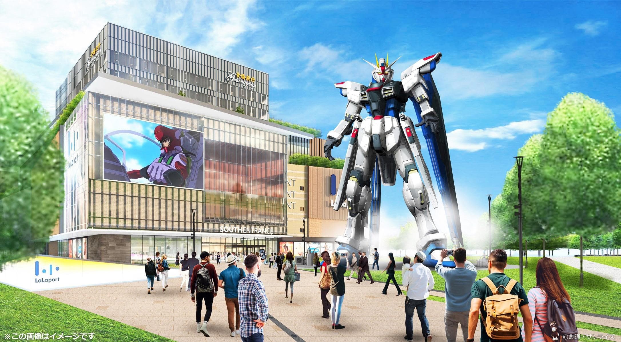 等身比例鋼彈將會設置在上海LaLaport購物中心,高度為18.03公尺。(翻攝自萬代南夢宮中國微博)