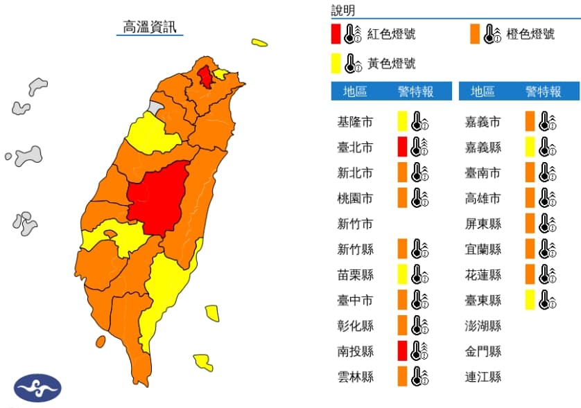 今全天高溫,除了新竹以外,都被列入高溫警示範圍之內。(翻攝自衝央氣象局)