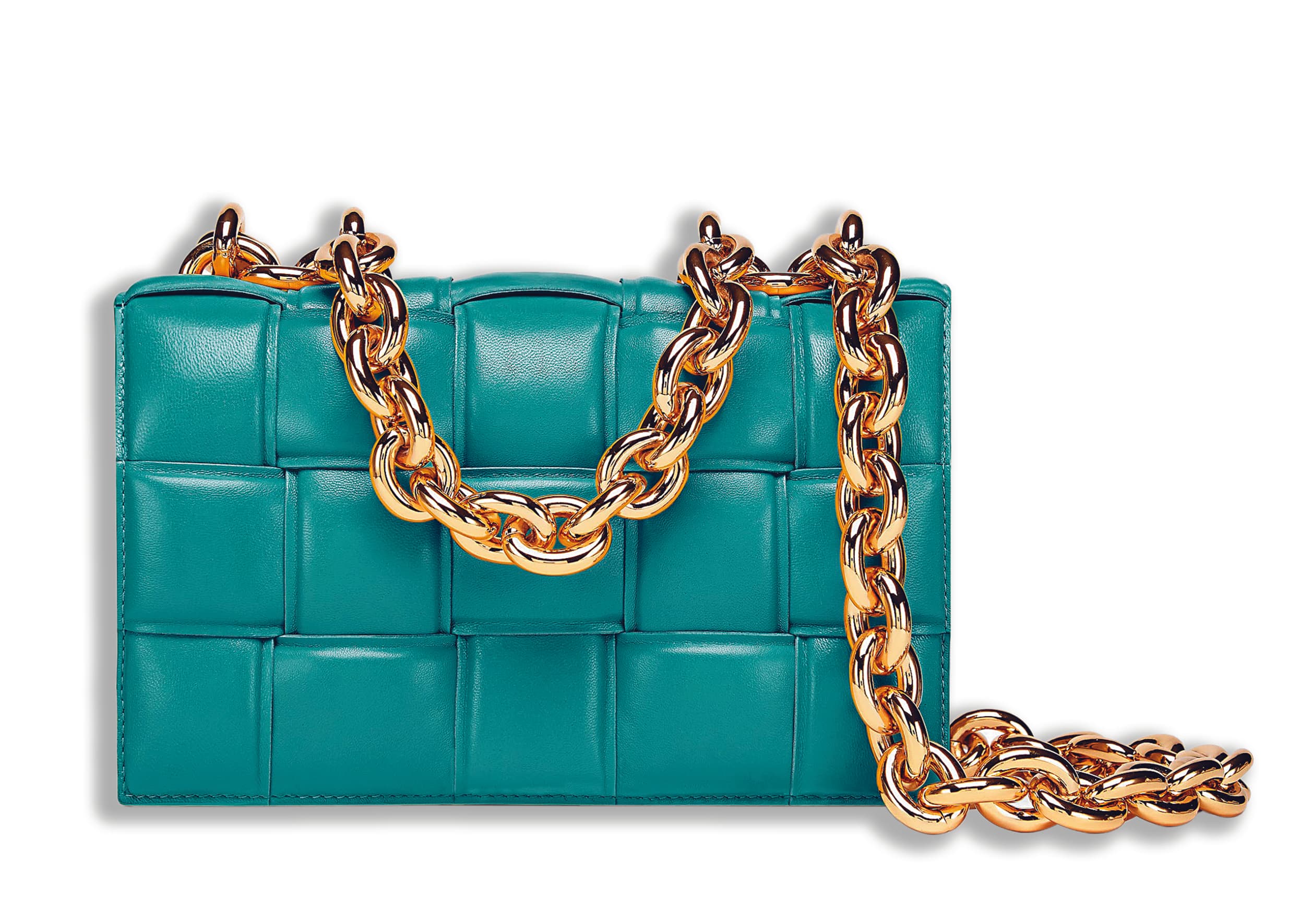 The Chain Cassette油毯藍編織小羊皮肩背包 NT$120,900 (BOTTEGA VENETA提供)