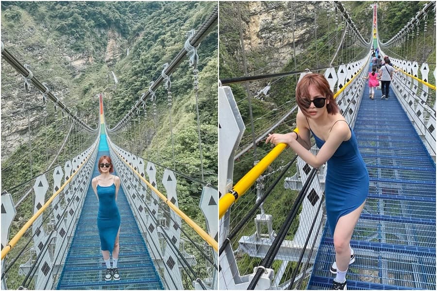 舒子晨穿著開高衩的洋裝走吊橋,大方露出美腿。(翻攝自舒子晨IG)
