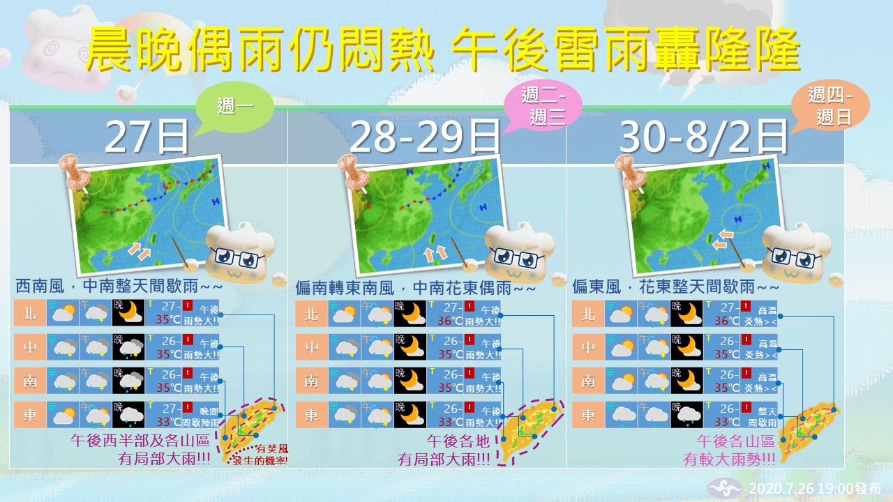 中央氣象局提醒,週三以前西半部天氣較不穩定,午後雨勢較為劇烈。(翻攝自中央氣象局臉書)