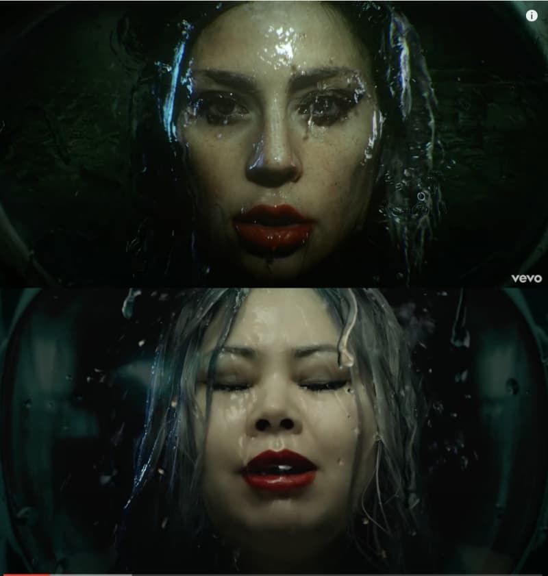 女神卡卡的原版〈Rain on Me〉造型（上），渡邊直美的翻拍版造型（下）。（翻攝Naomi Watanabe官方YouTube、Lady Gaga官方YouTube）