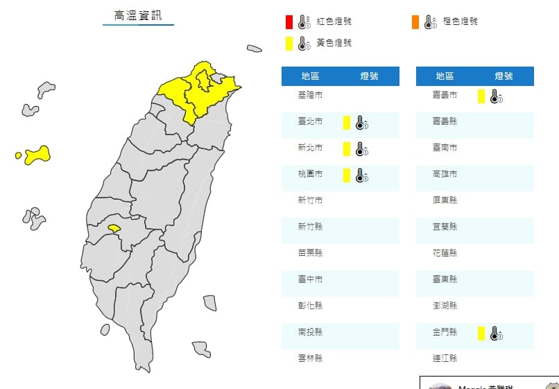 雙北、桃園今持續高溫。(翻攝自中央氣象局)
