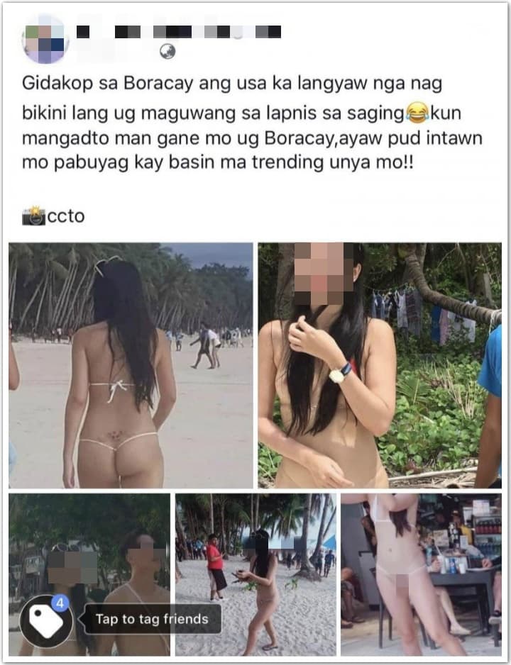 林姓正妹在長灘島穿著一條線比基尼,引人側目疑似被偷拍,登上菲國社群網站,讓外國見識到麼叫「辣台妹」。(翻攝自臉書)