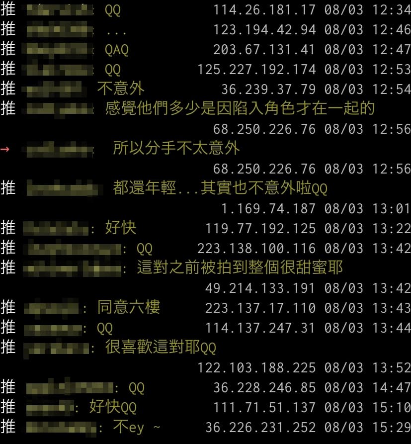 網友對兩人分手的討論和反應。(翻攝自PTT Koreastar版)