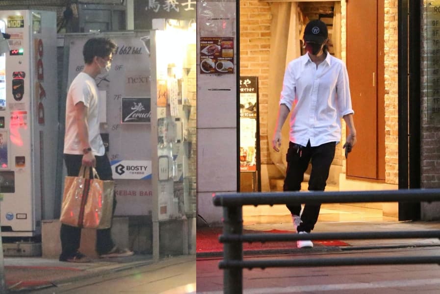 龜梨和也（左）與山下智久因慶祝「修二與彰」出道紀念，邀請朋友一起喝酒作樂。（翻攝週刊文春網站）