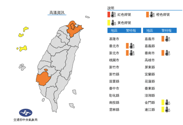 氣象局針對6縣市發布高溫警報。(氣象局提供)