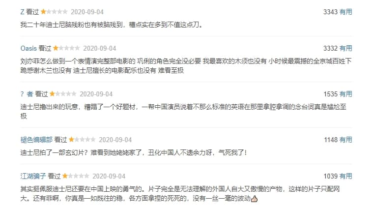 中國網友對於《花木蘭》的評價也是一面倒砲轟。(翻攝自豆瓣網)