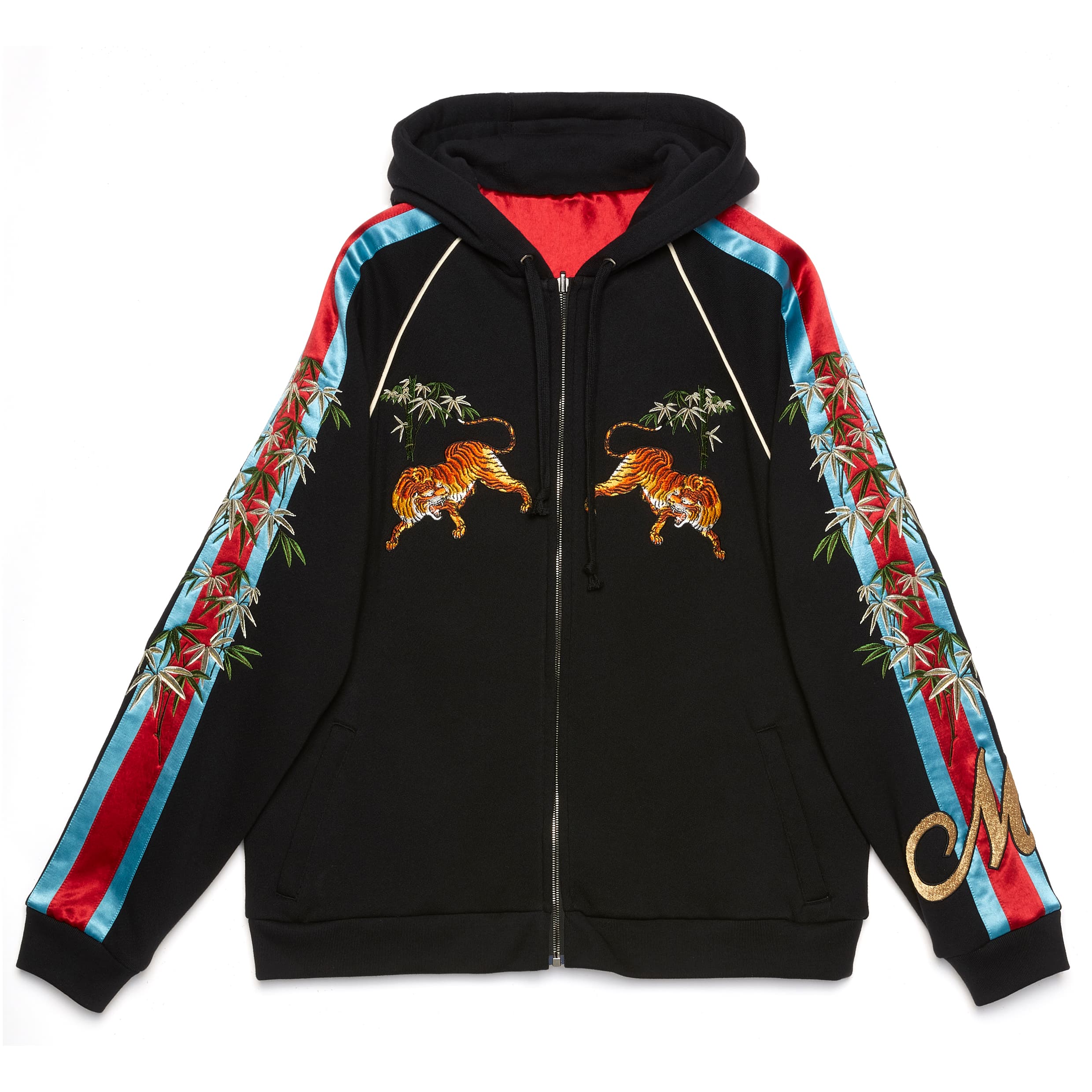刺繡連帽雙面穿拉鍊外套。NT$224,000起。(GUCCI提供)