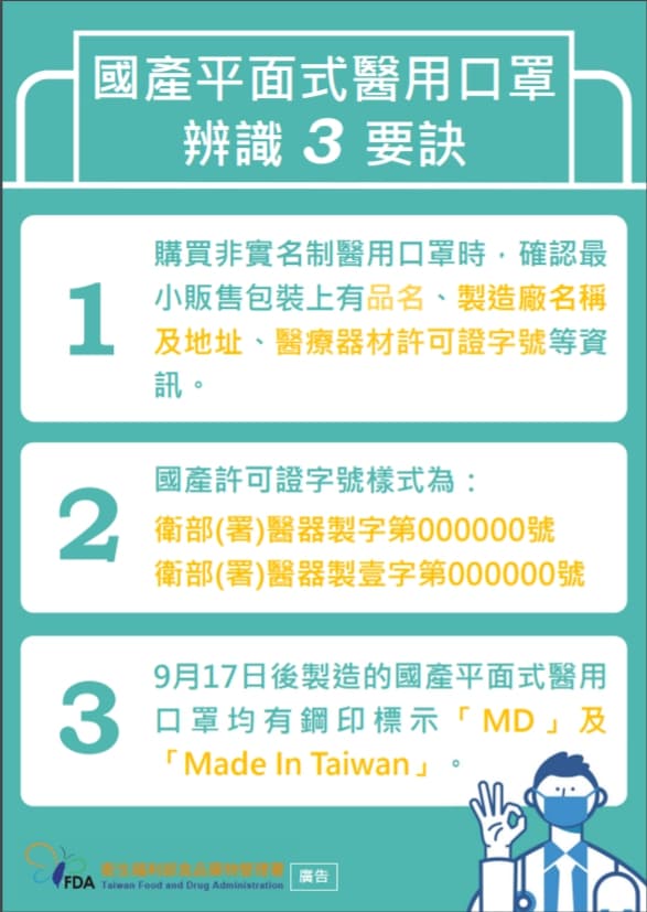 國產平面式醫用口罩辨識3要訣。(翻攝自食藥署網站)