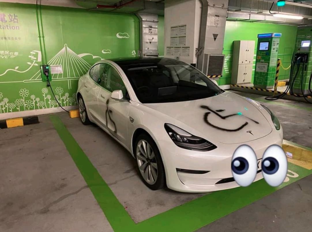 疑似有人誤以為特斯拉占用身障車位,竟在白色車身噴上黑色「身心障礙」標誌。(翻攝自爆料公社)