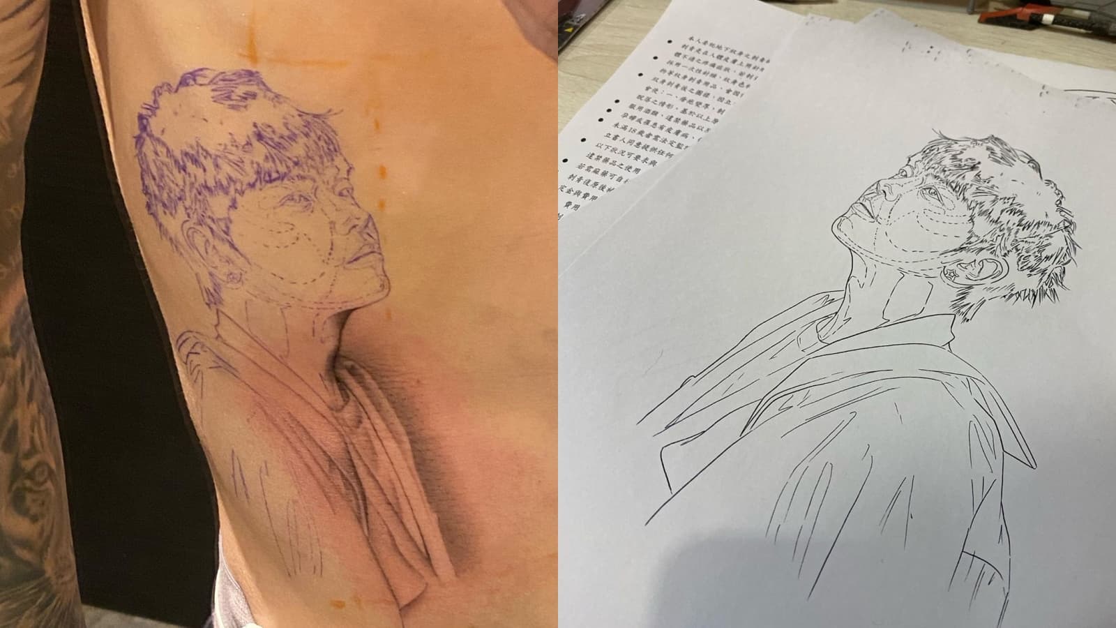 小鬼妹夫把他側臉仰望天空的肖像刺在身上,引網熱淚。(圖片來源:IG @AES_SAM)