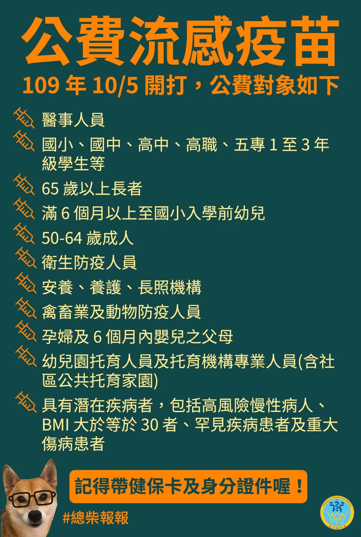 衛福部呼籲符合公費對象儘早接種,保護自己,守護我們所愛的人。(翻攝自衛生福利部臉書)