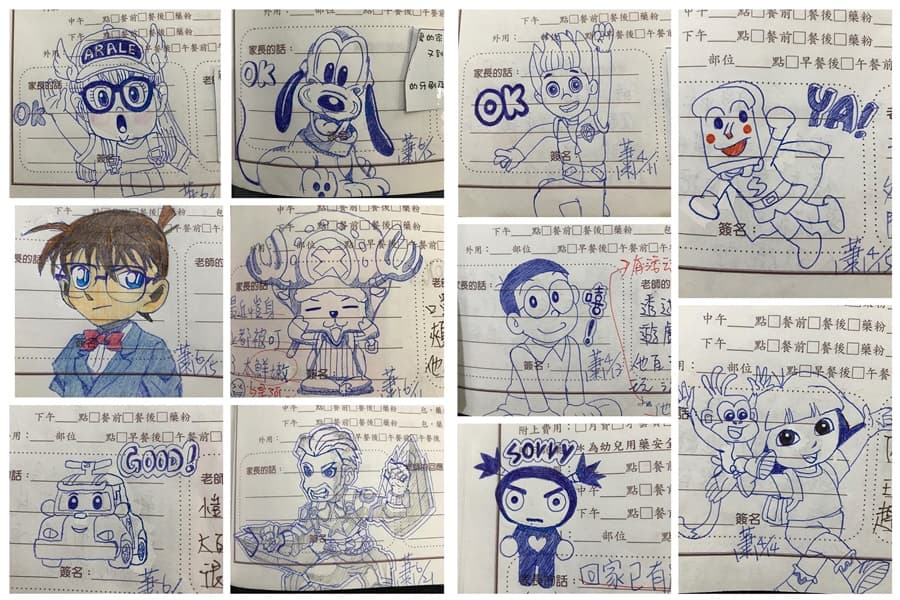 蕭姓媽媽畫了許多卡通人物,每張都相當逼真。(翻攝自臉書社團「爆廢公社」)