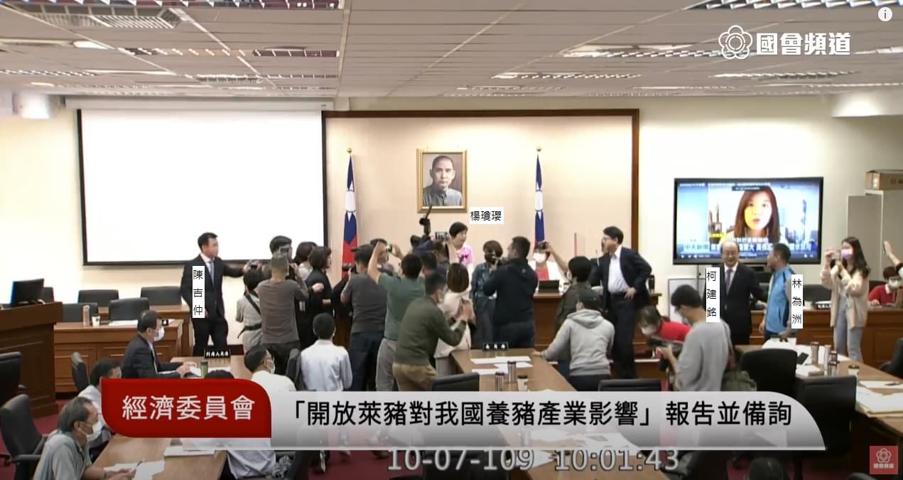 雙方隔空互罵,主席楊瓊瓔急著維持秩序,藍綠立委紛紛起立,有的幫忙叫陣,有的忙著勸架。(翻攝自國會頻道YouTube)