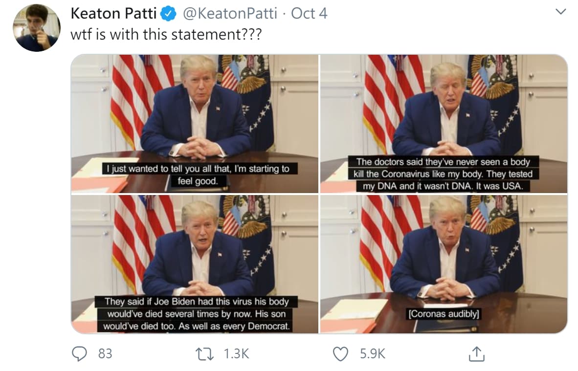 川普自稱身上沒有DNA而是USA?原來是造假字幕的改圖。(翻攝自Keaton Patti推特)