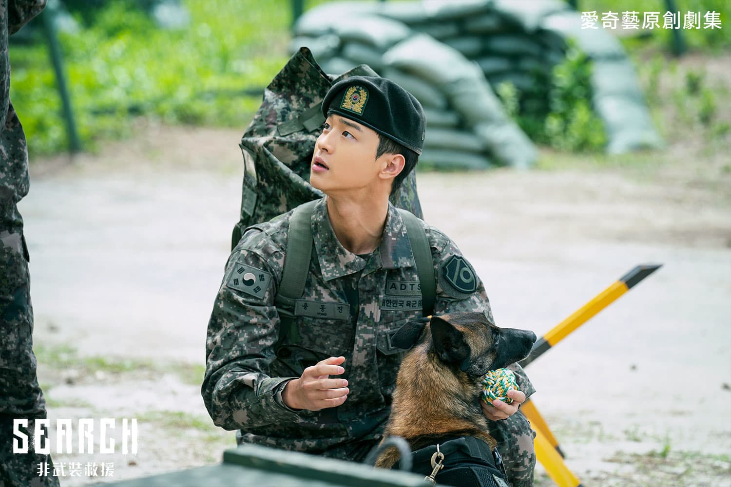 張東潤演出軍犬兵兵長,花了2個月時間到動物訓練所學習與狗狗相處。(愛奇藝海外站提供)