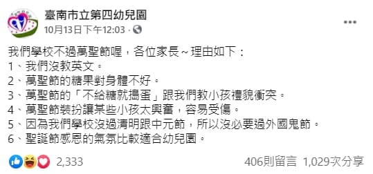 台南一所幼兒園申明「不會過萬聖節」,並列出6個原因,引發網友一面倒贊同聲浪。(翻攝自臺南市立第四幼兒園臉書)