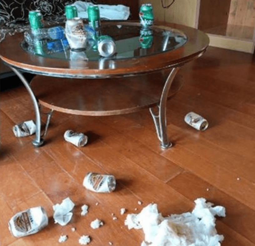一行人把房間搞得超髒亂,啤酒罐全部亂丟,素質之低讓民宿業者氣炸。(翻攝自臉書《靠北登山大小事》)