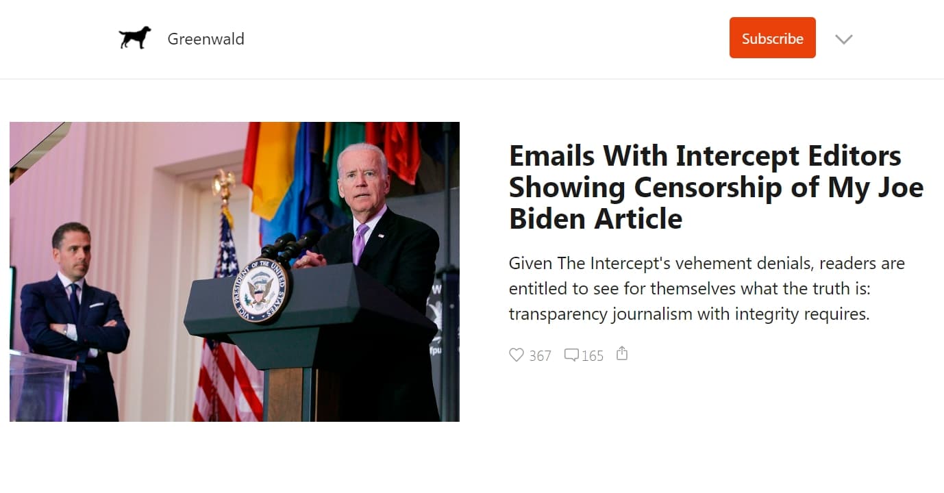 葛林華德公布被審查的文章。(翻攝自greenwald.substack.com)