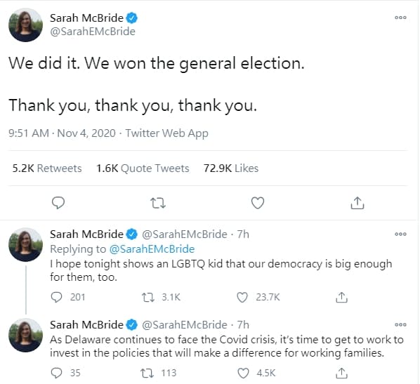 麥可布萊德勝選後開心地感謝所有人的支持。(翻攝自@SarahEMcBride推特)