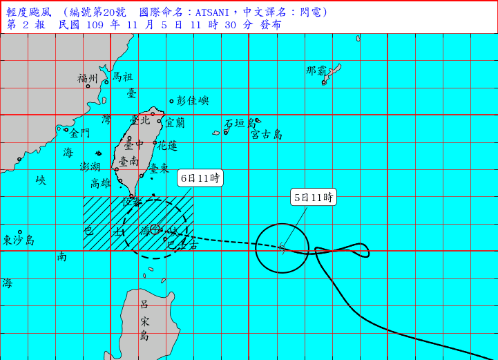輕度颱風閃電潛勢預測。(翻攝自中央氣象局網站)