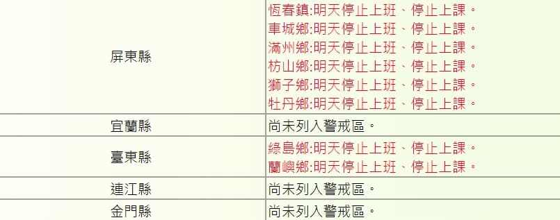 屏東縣6鄉鎮及台東縣綠島鄉、蘭嶼鄉6日停班停課。(翻攝自行政院人事行政總處全球資訊網)