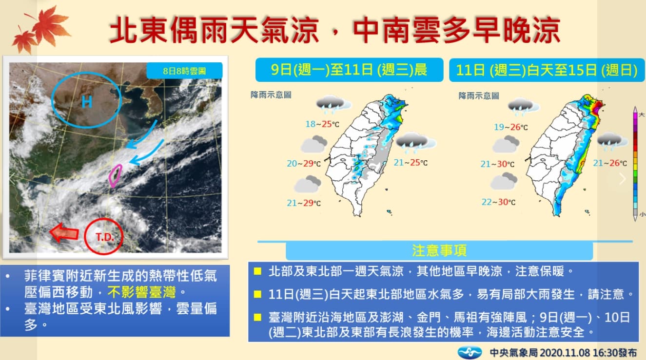 本週天氣受東北季風影響,北台灣溫度驟降,週三起雨勢會增加。(翻攝自氣象局官網)