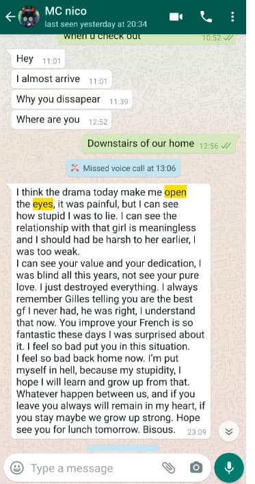 施暴後,尼可拉斯傳簡訊向H小姐認錯,希望取得原諒。(讀者提供)