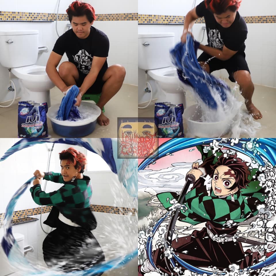 炭治郎的「水之呼吸」,他把一條浴巾浸水後,就能展現的維妙維肖。