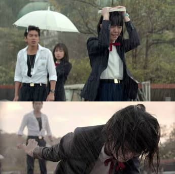 經典校園愛情片《我的少女時代》中,女一宋芸樺(右)在男一王大陸(左)、女二簡廷芮(中)面前上演「平地摔」。(翻攝自《我的少女時代》)