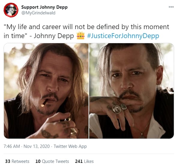 網路上發起「#JusticeforJohnnyDepp」的活動,希望幫強叔討公道。(翻攝自推特)★《鏡週刊》關心您:抽菸有害身心健康。