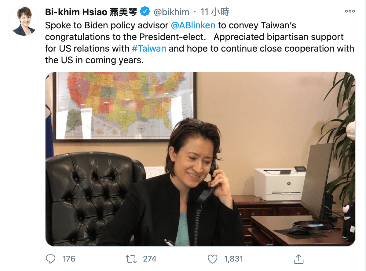 蕭美琴在twitter上發文,表示代表台灣致電恭喜拜登勝選。(翻攝自蕭美琴twitter)