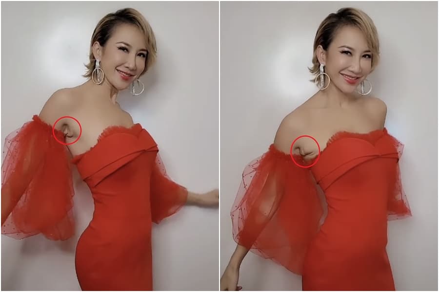 李玟在影片中穿著紅色禮服跳舞時,將手抬起和放下的瞬間,腋下「歲月痕跡」曝光引起討論。(翻攝自李玟抖音)