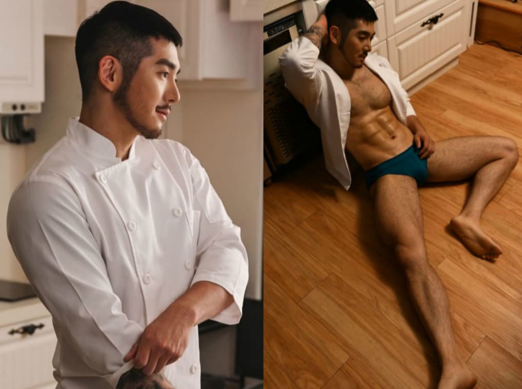 阿良在新出版的《PERSON:深夜名堂攝影集》扮演巨肉廚師,潔白的料理服與豐饒體毛爬滿的黝黑胸肌充滿衝突美。(尖端出版提供)