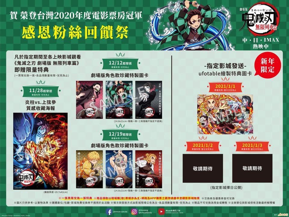 《鬼滅之刃劇場版:無限列車篇》將在台灣舉行粉絲入場特典活動。(翻攝自木棉花FB)