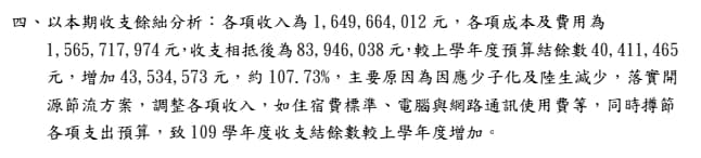 根據世新預算書內容,明確指出109學年度增加各項收入理由。(翻攝自世新大學109學年度預算書)