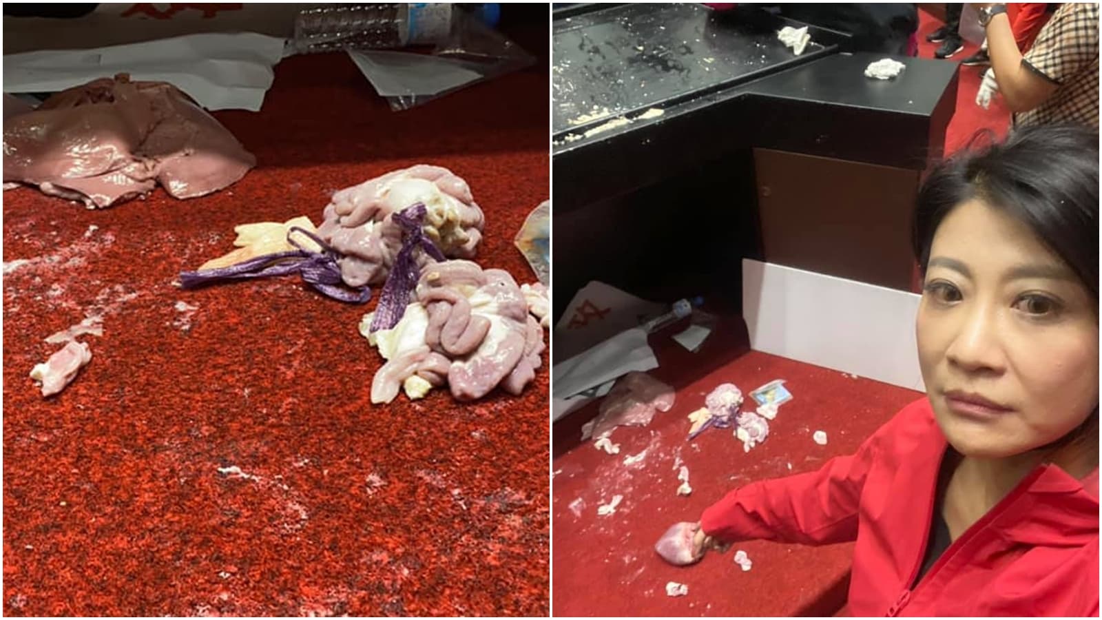 林楚茵曝光議場滿地的豬內臟,且稱藍委丟擲的豬心一度滑過她的右臉。(翻攝自林楚茵臉書)