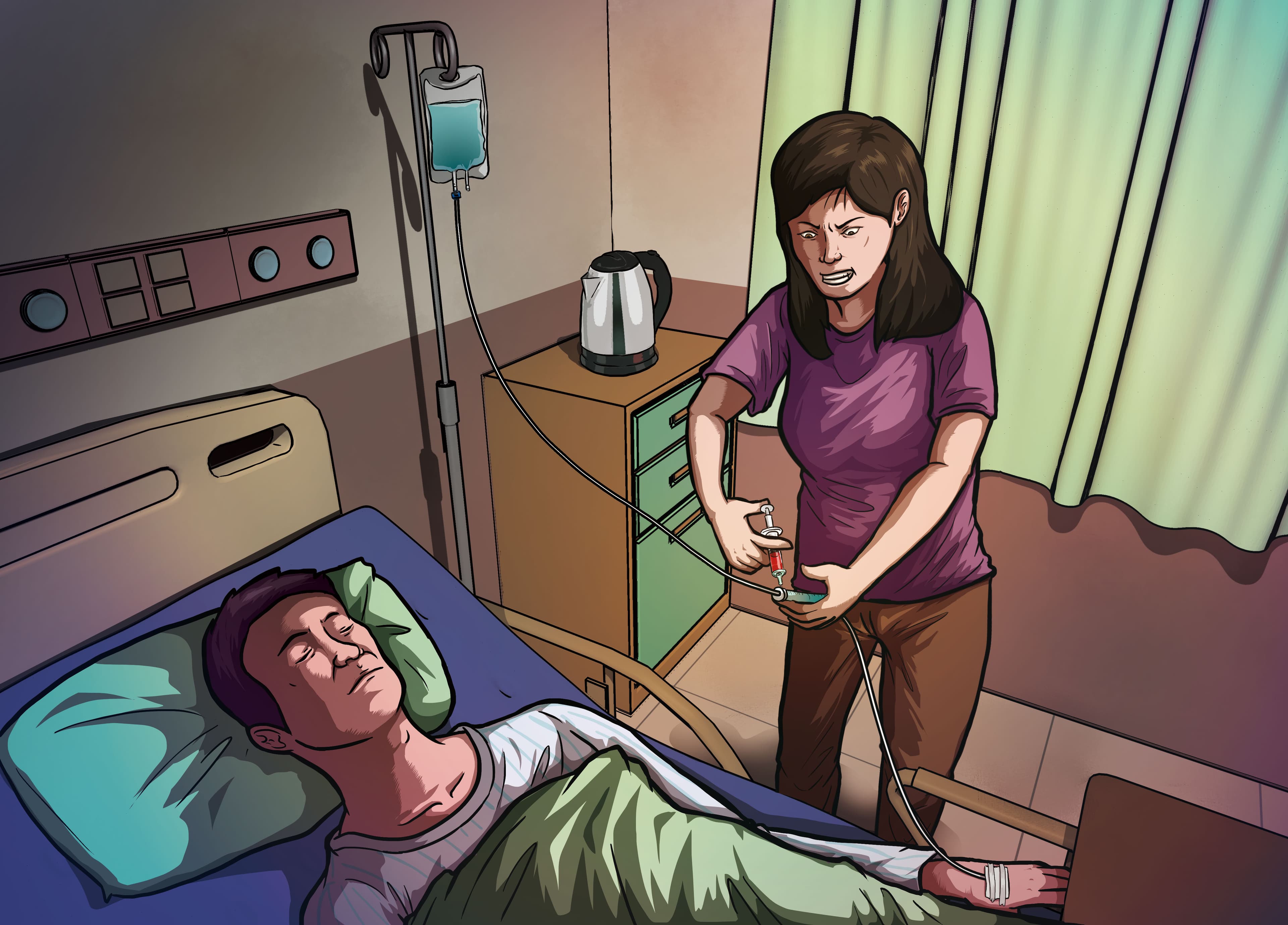林姓女子(右)將毒劑注入點滴,害丈夫(左)因心肌梗塞死亡。