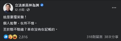 林為洲談起賠償,竟稱「革命沒在記帳的」。(翻攝自林為洲臉書)