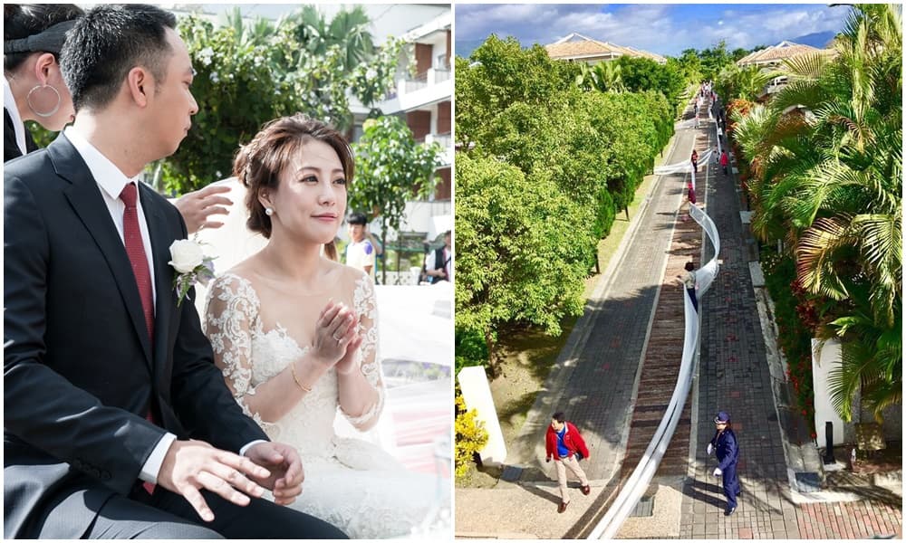 2016年鄭舜文與養樂多集團第三代王冠智結婚,長6公里的頭紗創金氏世界紀錄,出動560名池上鄉民幫忙牽挽。(日暉提供)
