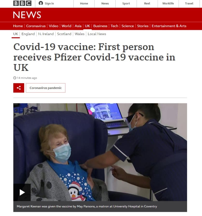 90歲的基南今成為全球第一個接種武肺疫苗的人。(翻攝《BBC》網站)